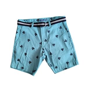 New Mens 30 Hawaiian Hibiscus Chino Shorts Floral Belt Teal Preppy Vacation‎ Nwt